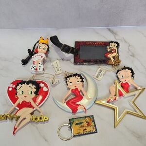 Betty Boop 6 Items- 3 Ornaments, Luggage Tag, Necklace & Key Chain